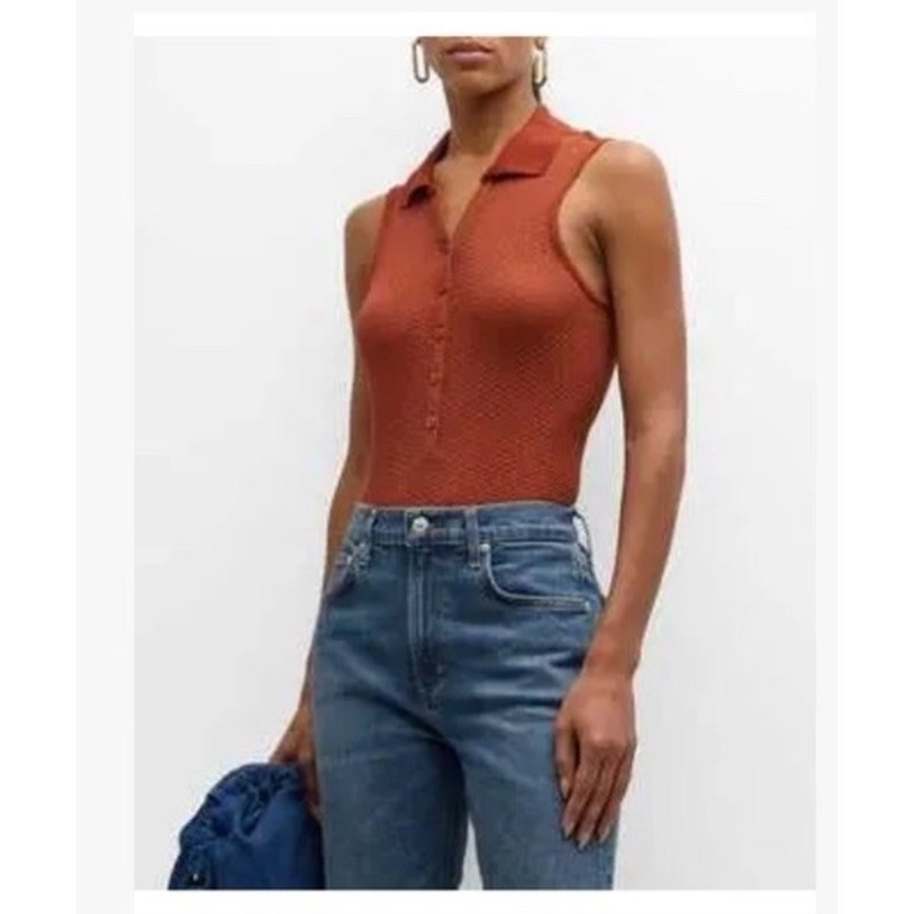 NWT FRAME Mesh Sheer Lace SZ Small Sleeveless Polo Tank Rust Textured Minimalist